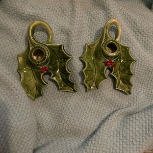 Vintage Pair of Holland Mold Green Holly w/ Berries Candle Holders Christmas